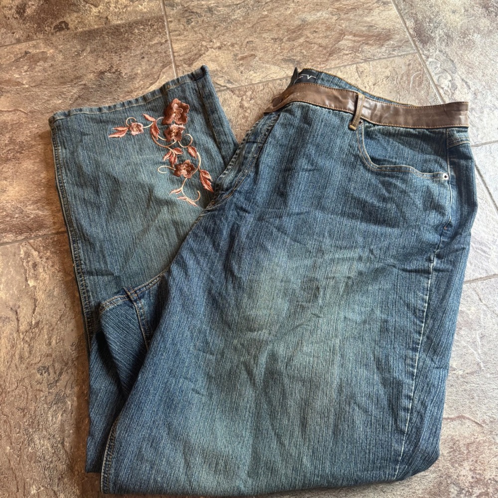 Y2K Boho Embroidered Floral Jeans Womens 28 Plus Venezia Blue Faux Leather Trim